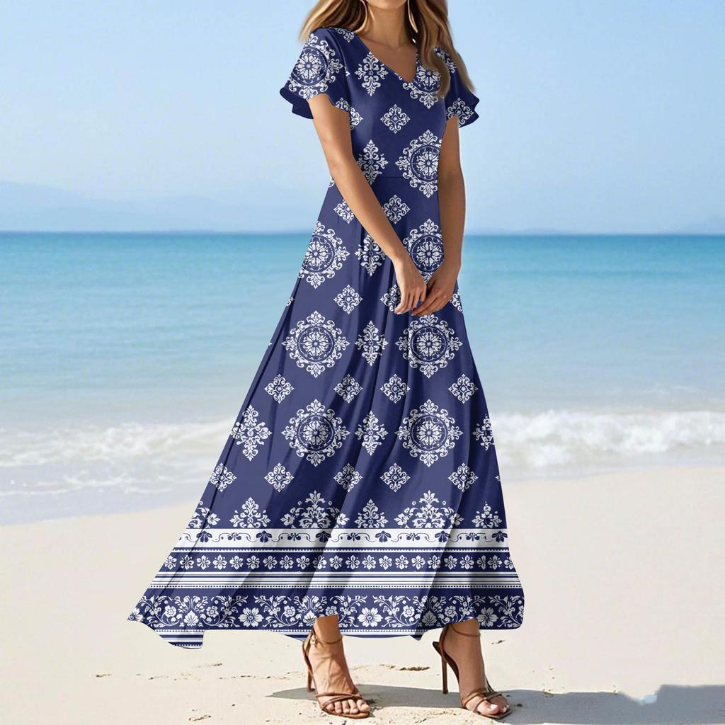 Vestidos casuales de verano para mujer, con estampados de colores y cuello en V y manga corta