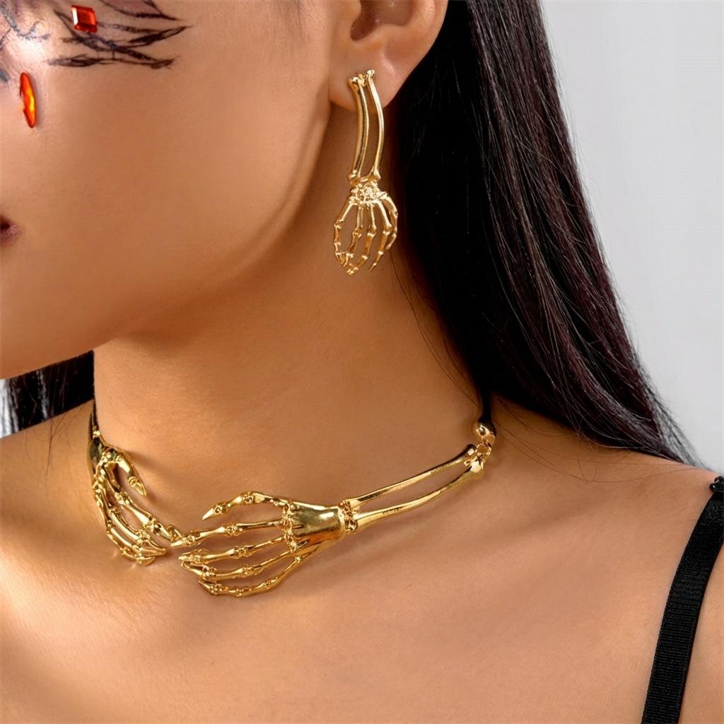 Halloween Skeleton Hand Set, Punk Ghost Hand Suffocating Necklace, Swing Earrings, and Accessories for Role Playing Festival Party Costumes