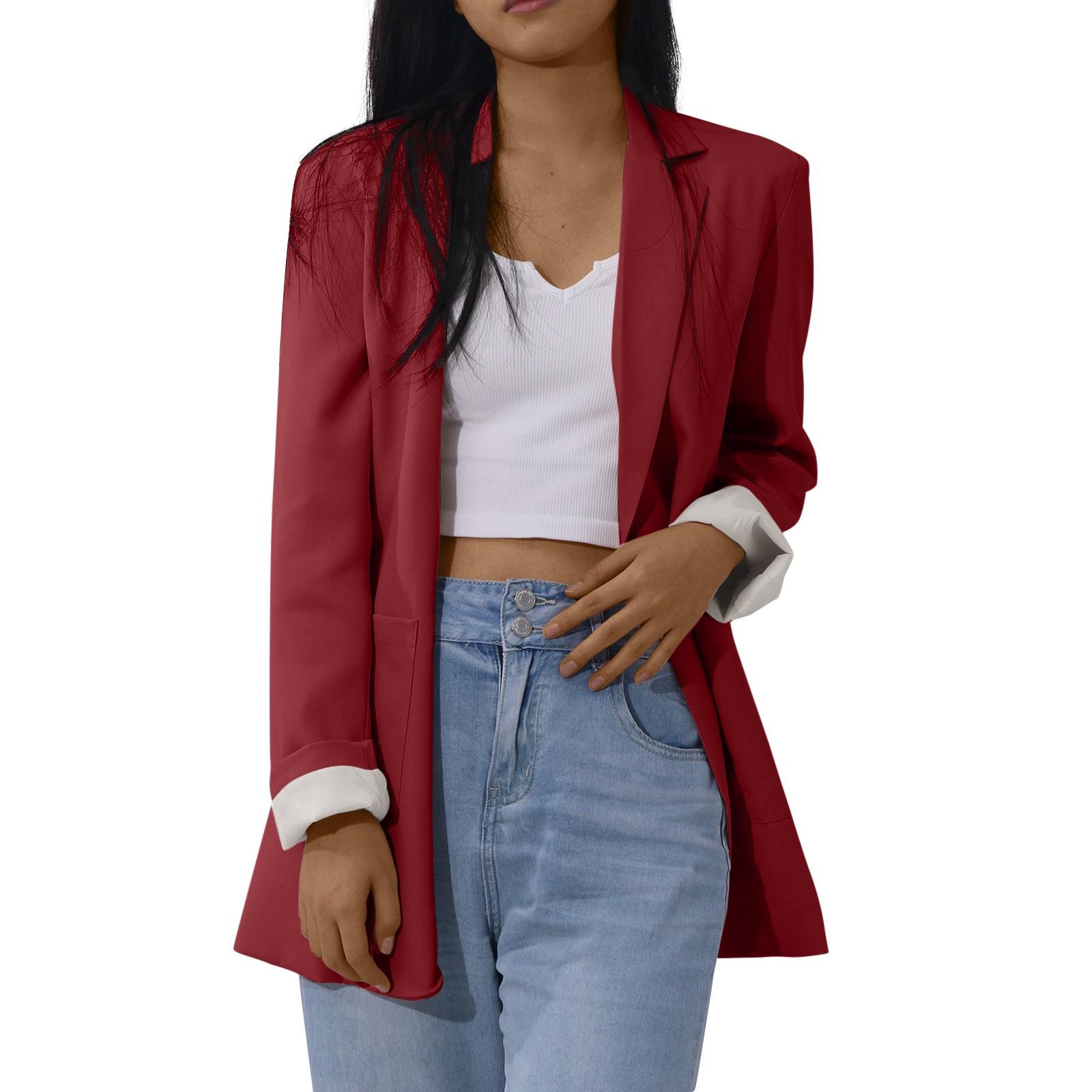 

Женский твердый кардиган с открытыми передними карманами, формальный костюм, блузка с длинным рукавом, пальто XXL винный