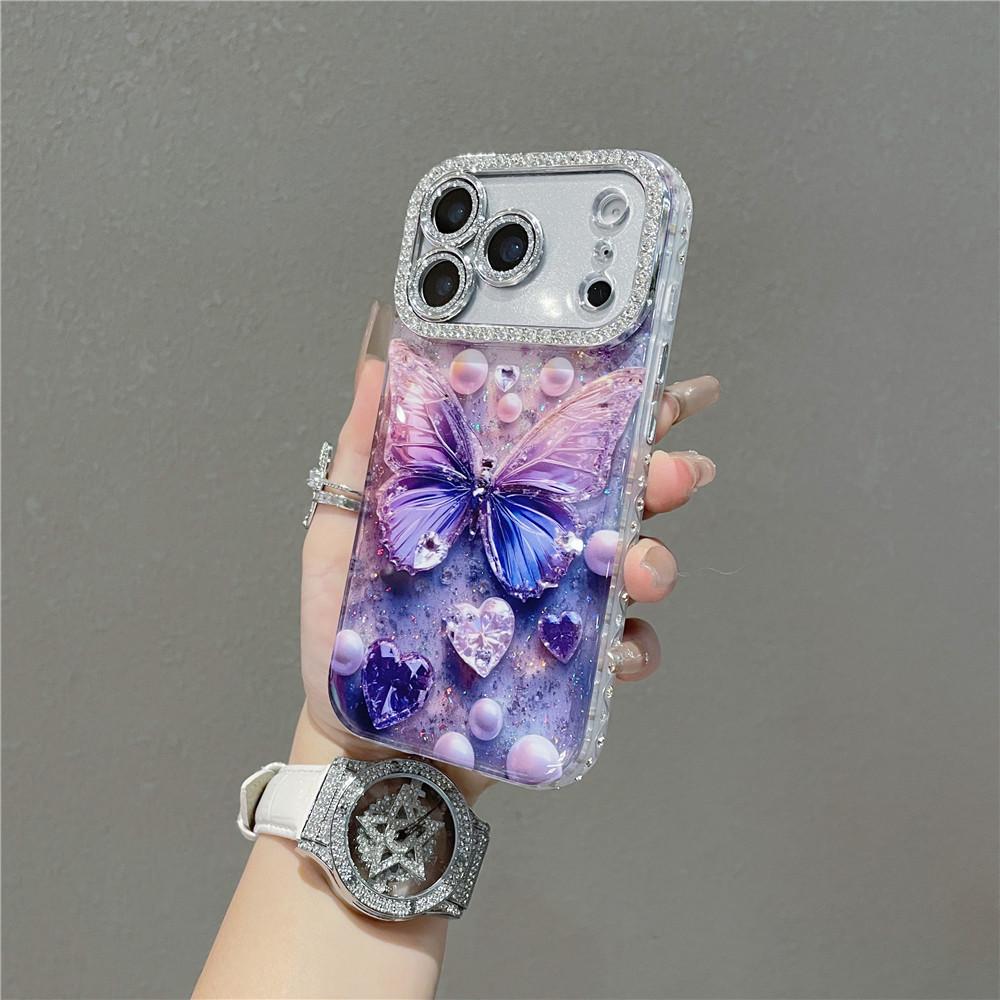 Diamond-Studded Butterfly Lens iPhone 17 Pro Max Drop-Proof Case, Compatible with Apple 14-16 Models.