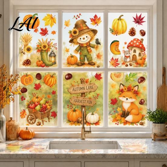 Seasonal Window Decals for Stores 6 Sheets Autumn Harvest Stickers Thanksgiving Cartoon Static Cling Decorations with Party Pumpkins Maple