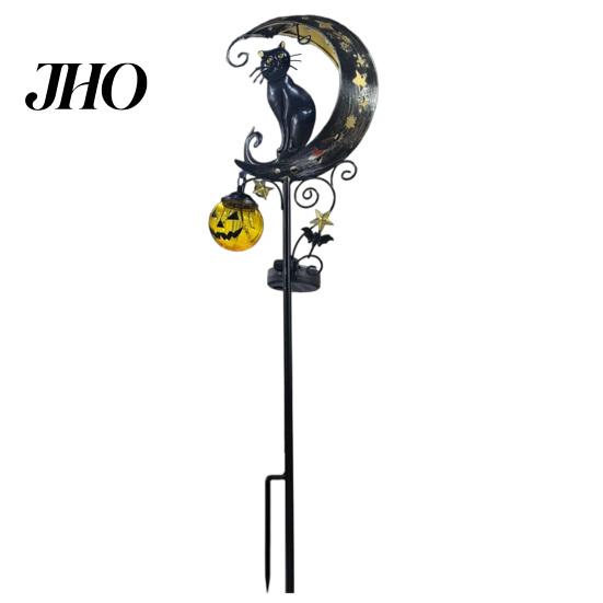 Hanging Pumpkin Halloween Decor Solar Garden Stake Light, Metal Black Cat & Moon Waterproof Crescent Pathway Lights Decorations for Lawn Patio