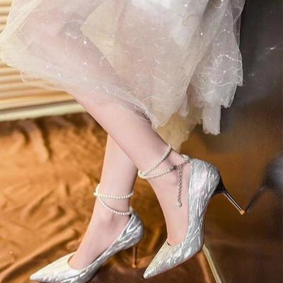 Bridal Wedding Shoes Female Lead Wedding Dress Pearl Straps High-end Crystal Shoes Can Usually Wear Silver High Heels Stiletto Shoes