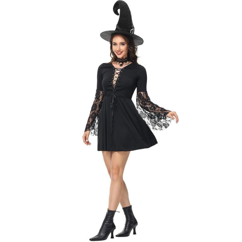 Halloween dark goth witch costume cosplay hollowed out lace wizard wizard costume