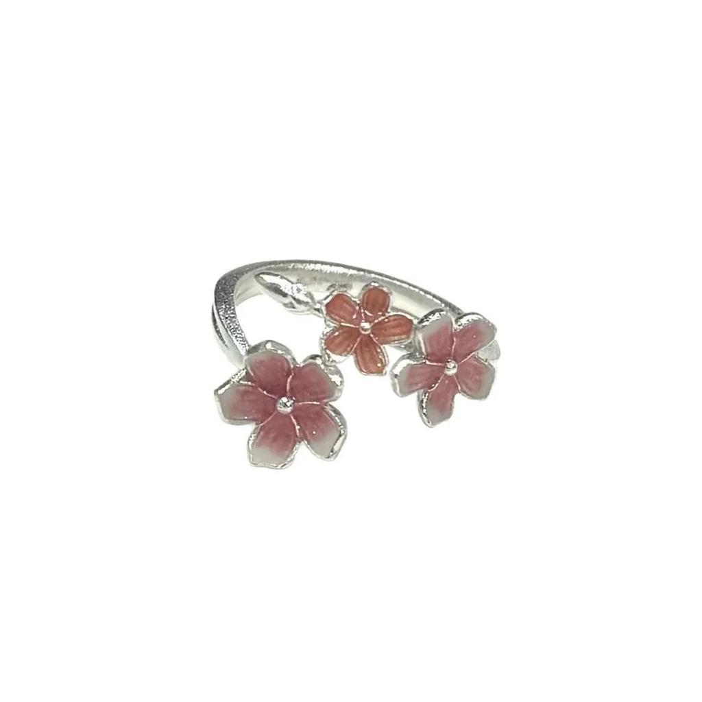 Sweet Pink Drop Oil Cherry Blossom Adjustable Open Ring for Women Niche Three Flower Design Sense Index Finger Ring 2026 Jewelry