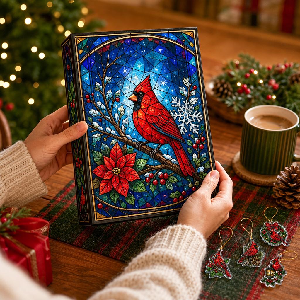 Red Bird Countdown Acrylic Pendant, 2D Flat Colored Glass Design, Hanging Ornament with Gift Box