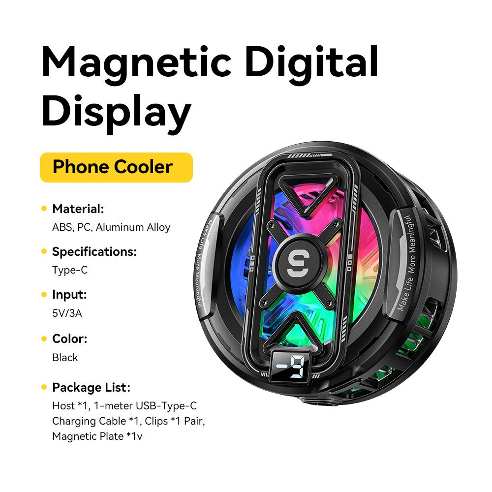 Магнитный задний зажим Essager, 2-в-1, охладитель для телефона с RGB-подсветкой, HD-дисплей, быстрое охлаждение, 3 уровня регулировки, вентилятор для игр чёрный
