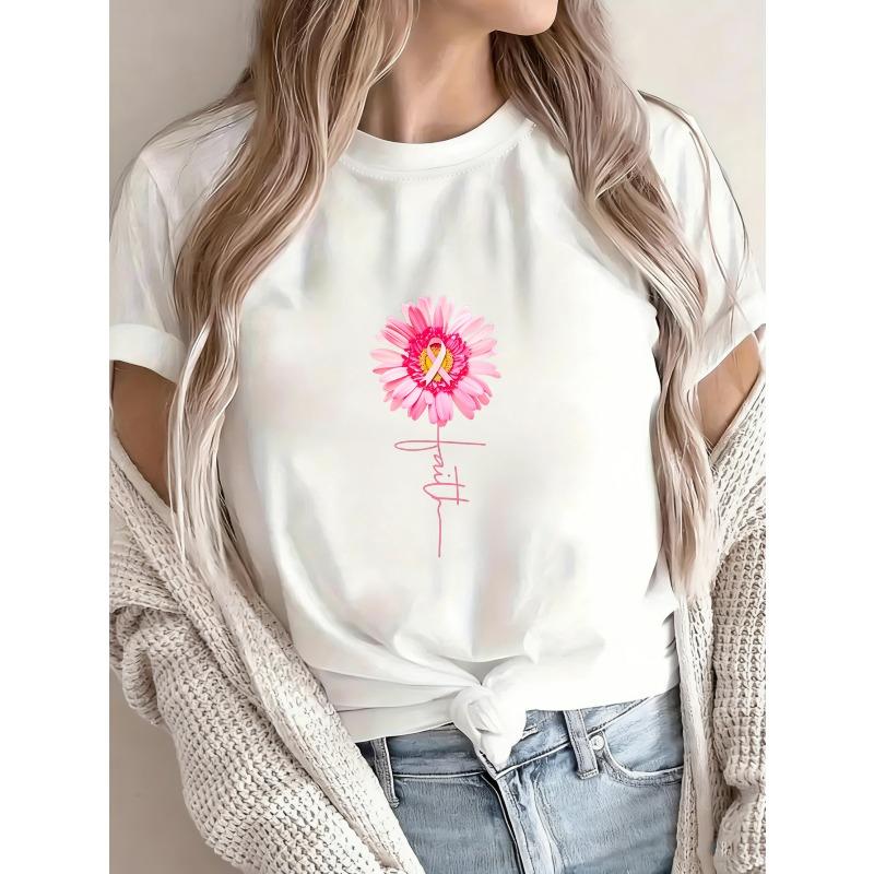 White T-Shirt With Pink Flower And Yellow Ribbon Print For Breast Cancer Awareness Casual Wear