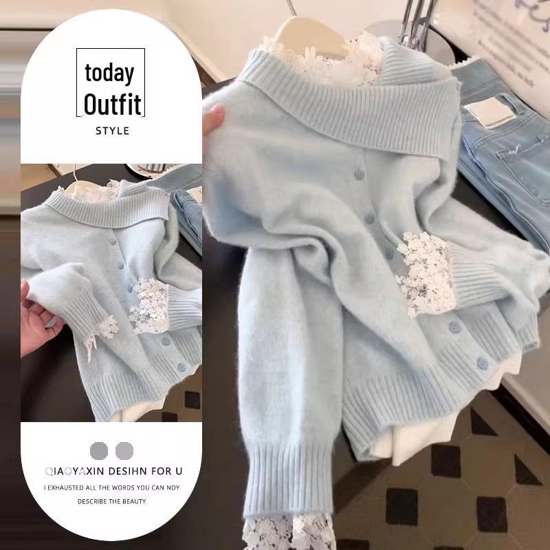 

2025 Autumn/Winter New Soft Blue Lace Base Layer Knit Sweater & Elegant Two-Piece Set S [Recommended for 80-95 jin]