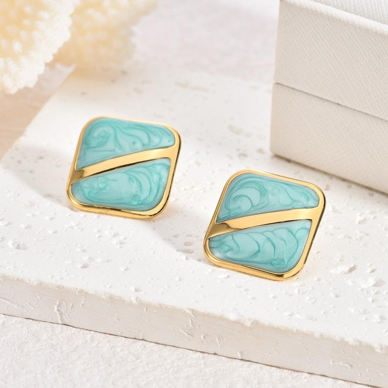 Niche Design Painted Oil Drop Square Earrings Women Trendy Gold Color Black White Enamel Stainless Steel Square Stud Earrings