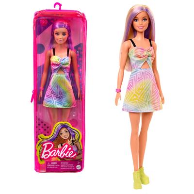 Barbie Fashionista Puppe mit lila langen Haaren mit wiederverwendbarer Plastiktasche 3 und HBV22 Anziehpuppe (Ab)