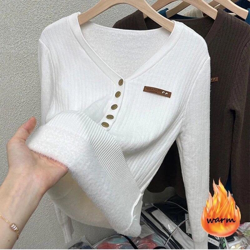Thicken Warm Plus Velvet Winter Sweaters Women Casual V-neck Button Decoration Design Basic Solid Knit Pullover Bottomed Jumpers