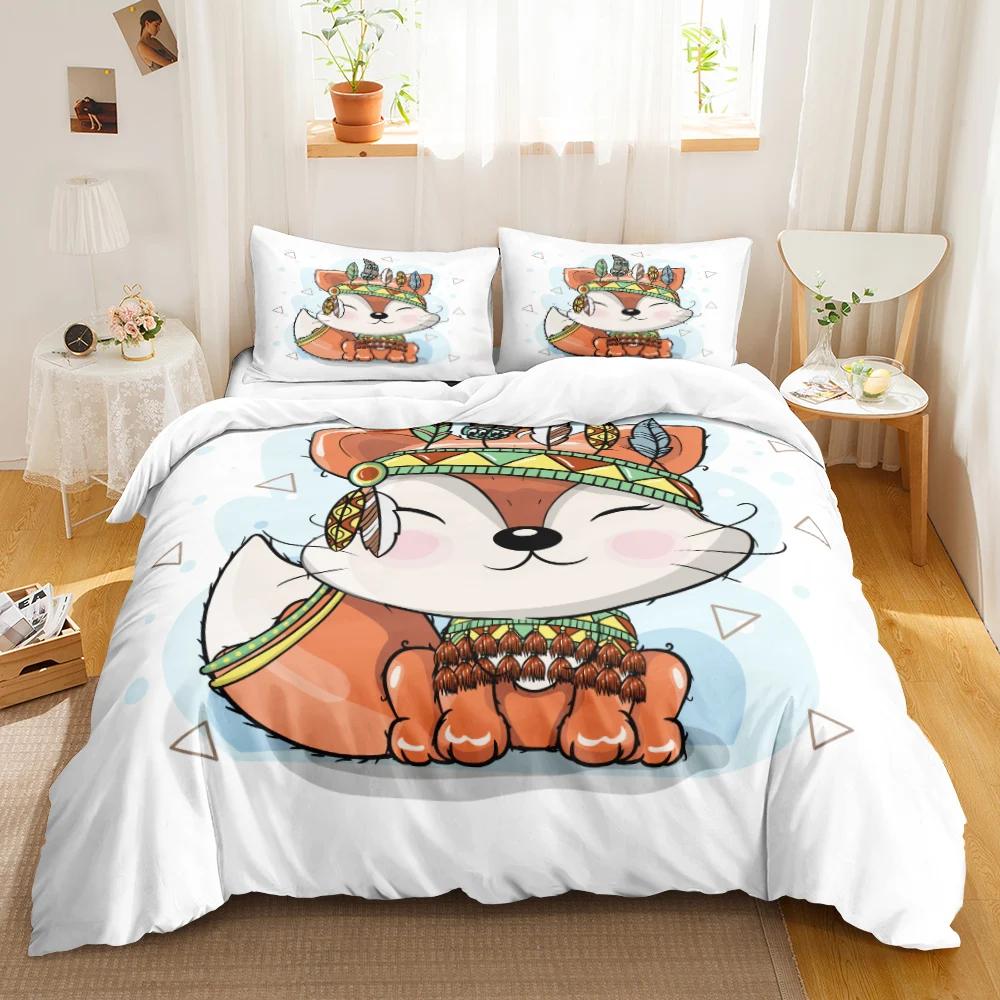 Cartoon Fox Bedding Set Cute Fox With Flower Feather Headband Duvet Cover Twin Full Queen King Polyester Duvet Cover Girls Boys