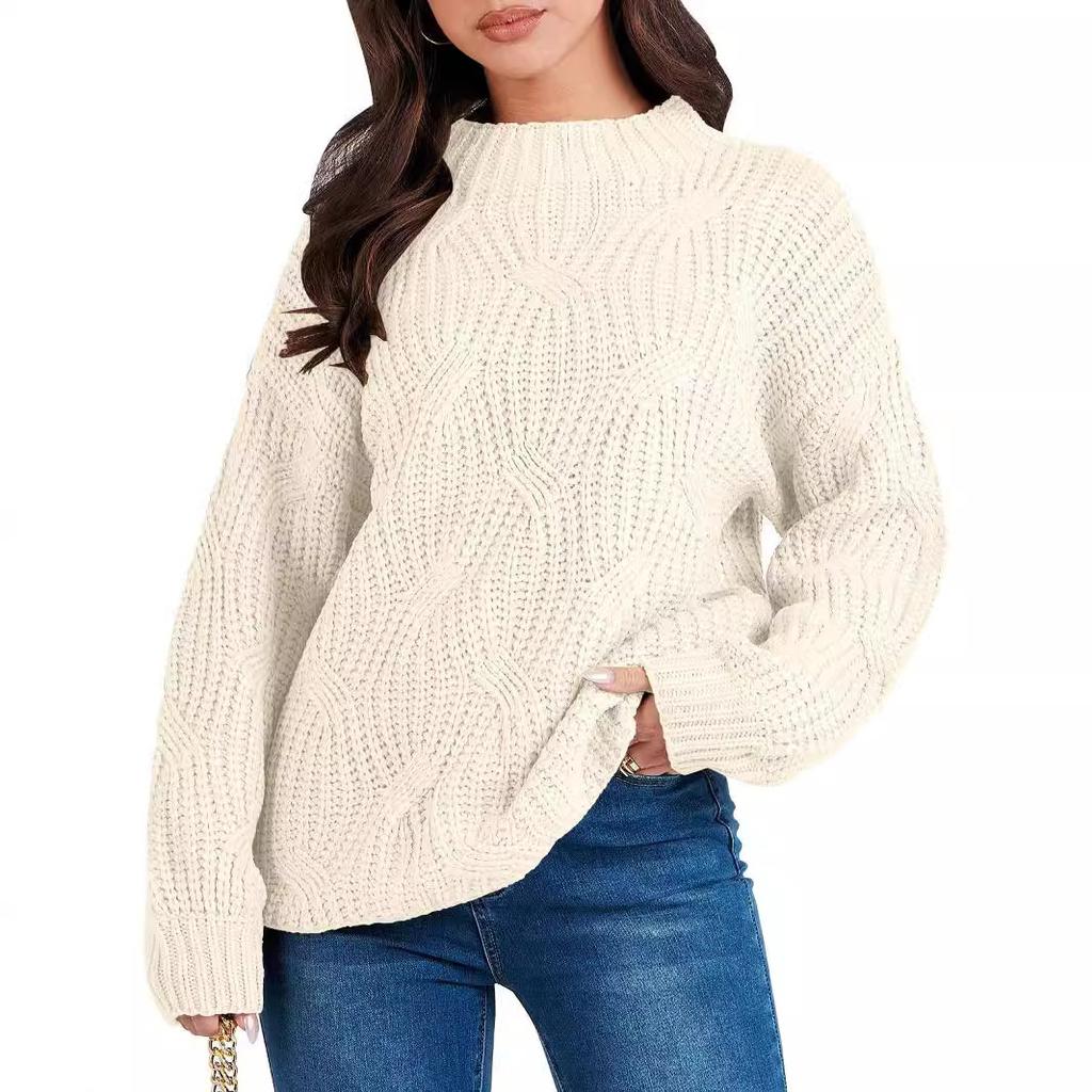 Autumn and Winter Women's Plus Size Drop Shoulder Loose Casual Stranded Knit Pullover Sweater