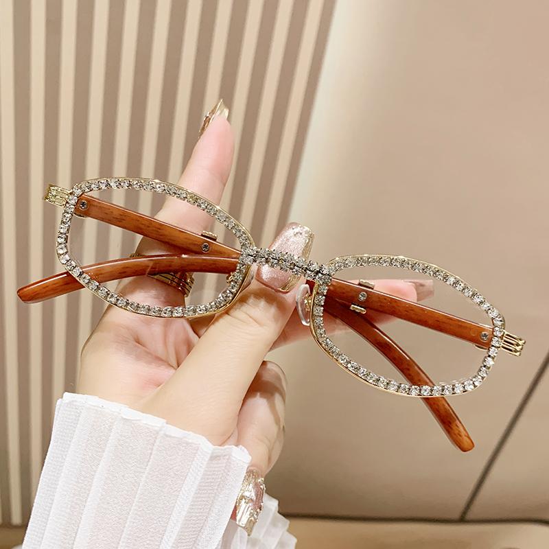New Style Oval Sunglasses For Women With Diamonds, Fashionable Retro Imitation Wood Grain Sunglasses, High-end Sun Protection Gl