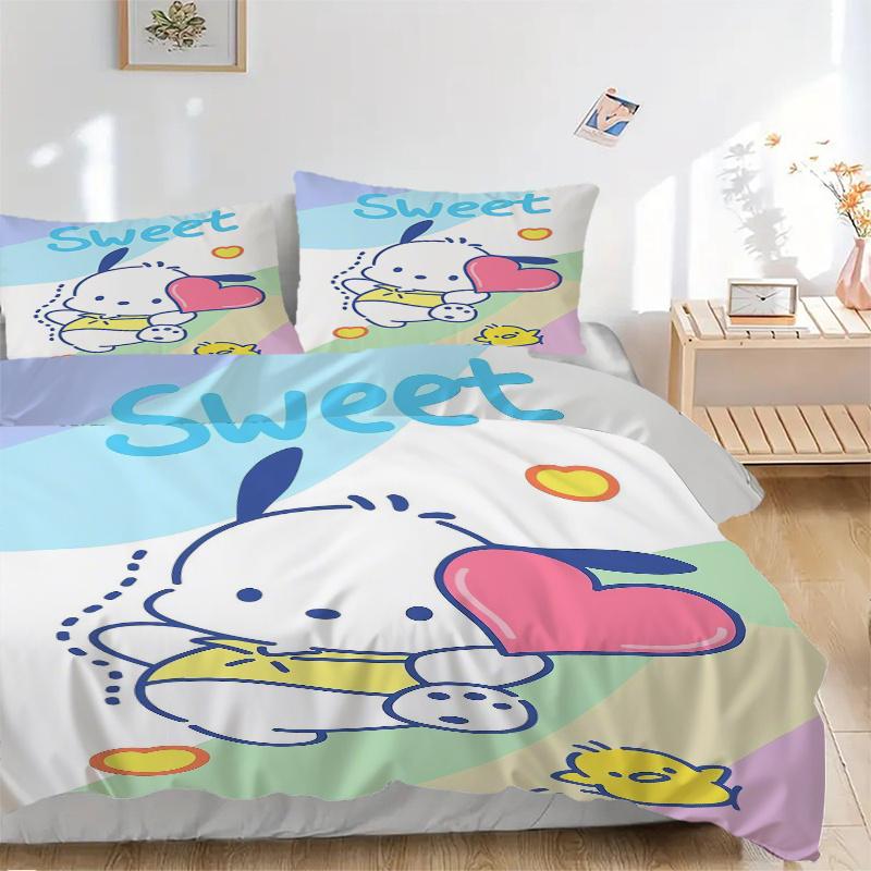 

3pcs Sweet Pochacco Quilt Set Cartoon Themed Bed Quilt Set Lovely Character Bedroom Decor Bed Quilt Set Four Seasons (1 Cover + 2Pillowcase NO Co 135x200cm