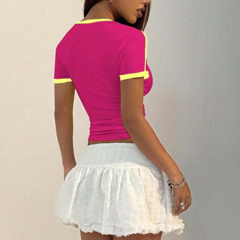 T-shirt crop top à col rond pour femmes européennes et américaines avec impression numérique