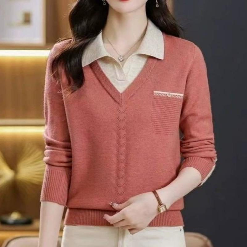 Knitted Sweater Autumn and Winter Fake Two Fashion Sweater Women's Lapel Autumn and Winter New Loose Knitted Bottoming Top