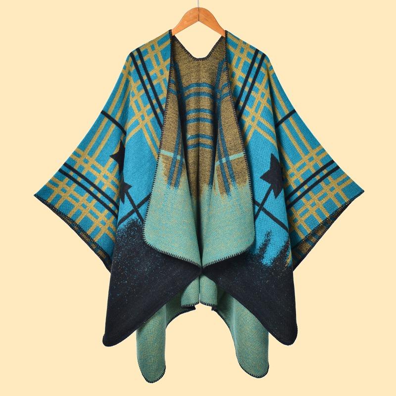 Ladies Autumn and Winter Scarf Shawl Warm Plus Plaid Five-pointed Star Jacquard Cardigan Cape Hwls