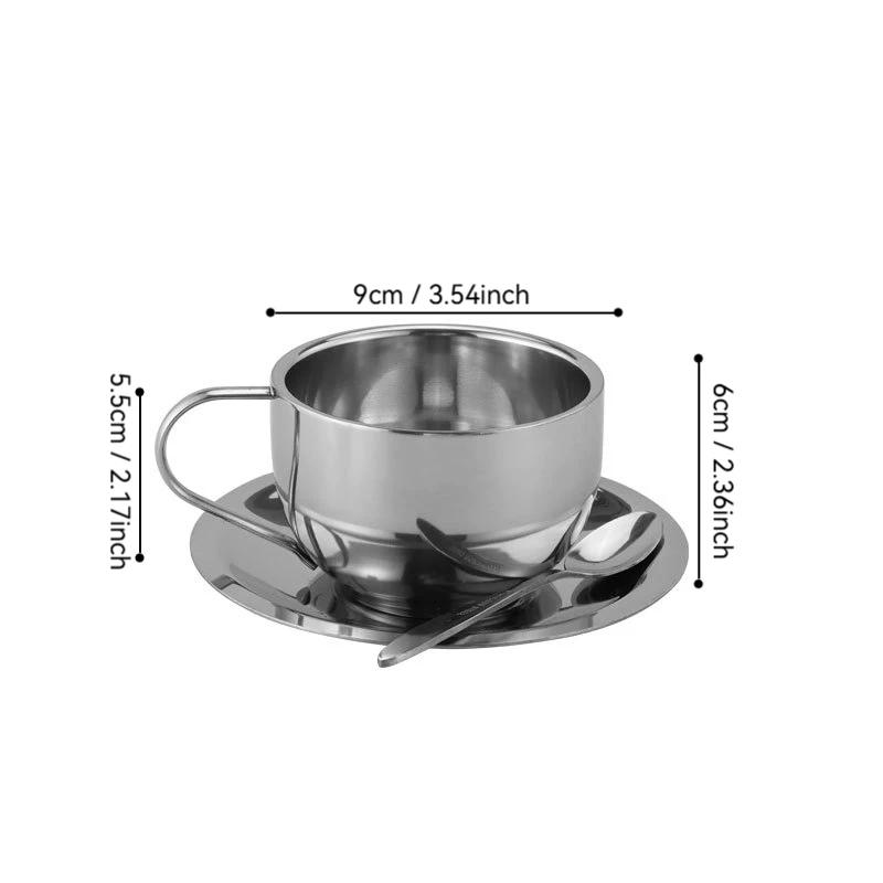 3Pcs/Set 304 Stainless Steel Insulated Coffee Cup Double Wall Tea Milk Mug with Saucer Spoon Cafe Restaurant Hotel Tableware