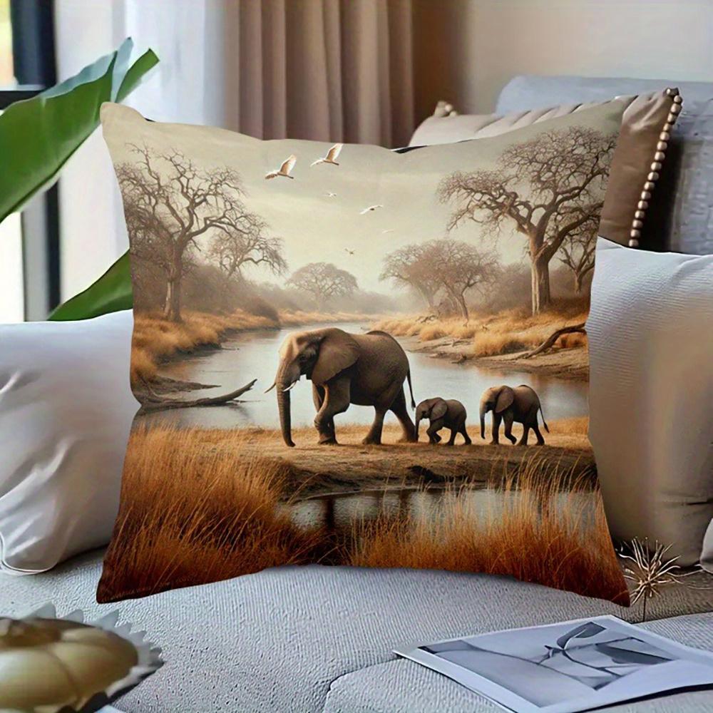Jmg Clothing Unisex Elephant Family Cushion Cover, African Safari Landscape Pillowcase, Wildlife Scenery Home Decor, Sofa Throw Pillow