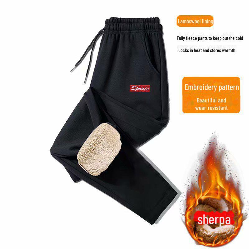 Men's Mid-Waist Elastic Lambskin Drawstring Pants for Autumn/Winter - Plush, Thick, Solid Color Casual Trousers