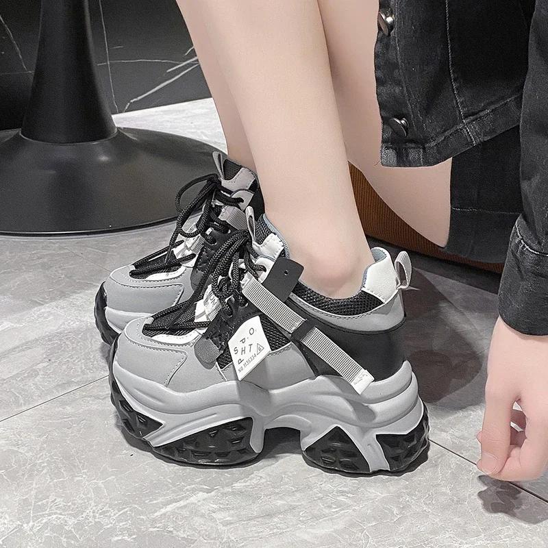 Fashion 10CM Heels Women Chunky Leather Sneakers High Top Platform Sport Shoes Autumn Spring Casual Shoes Fashion Vulcanized Shoes Woman