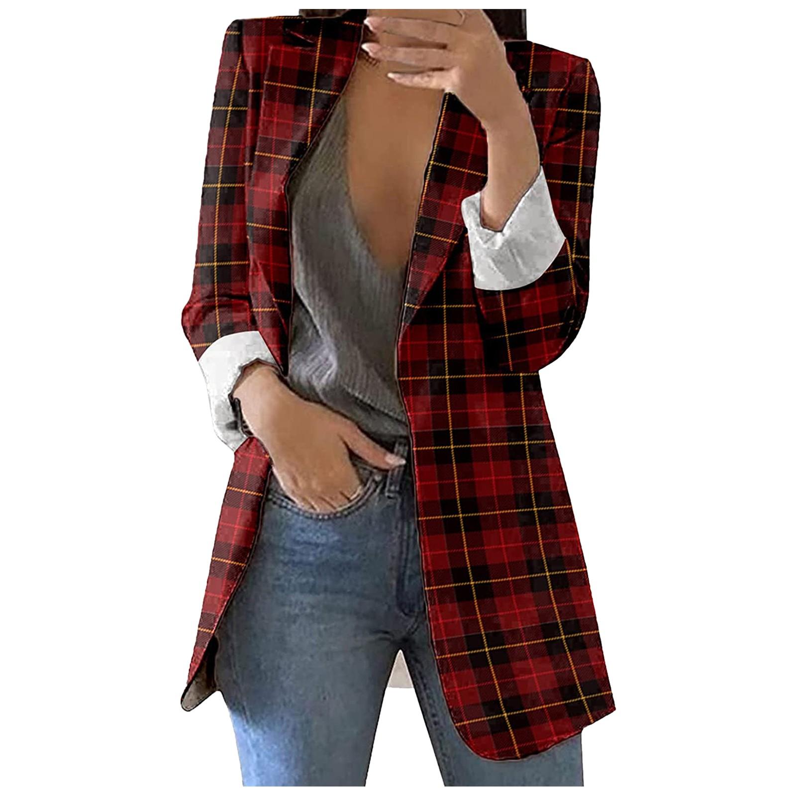 Women Plaid Blazer Long Sleeve Single Button Office Suit Jacket Lightweight Tailored Outerwear L красный