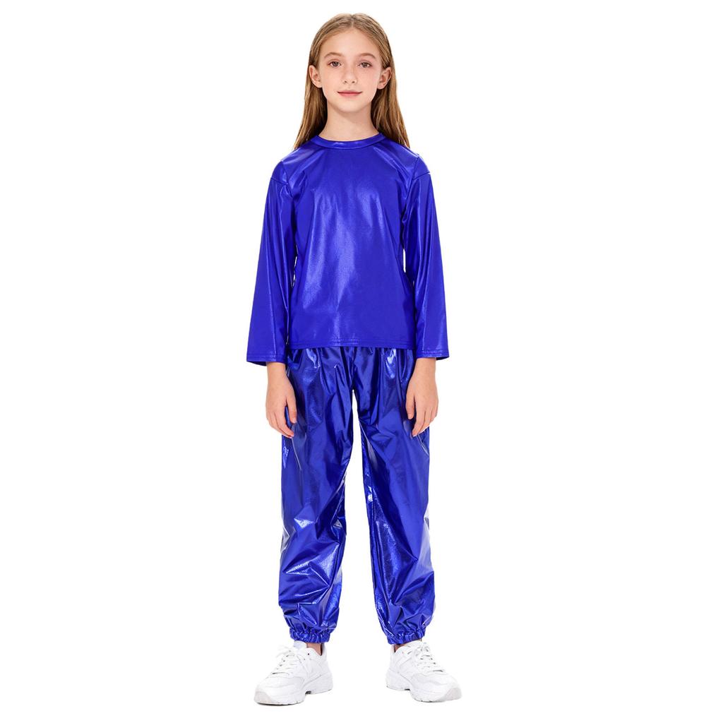 Kids Girls Dance Performance Outfit 2-Piece Set: Metallic Shiny Long Sleeve T-shirt & Matching Shiny Pants for Stage & Party