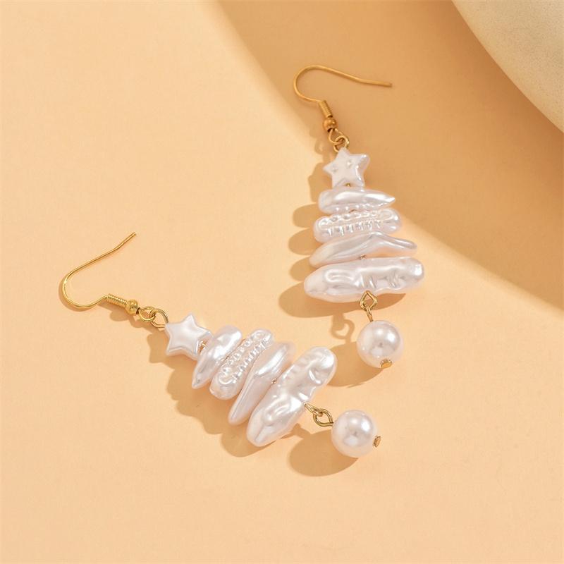 Exquisite Zircon Snowflake Pearl Earrings for Women Shiny Crystal Xmas Tree Round Ball Hanging Earring Christmas Daily Jewelry