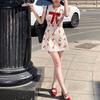 Cherry Sweet Bow V-Neck Dresses Stylish Folds Patchwork Sleeveless Female Clothing Korean Slim Summer A-Line Waist Mini Dress