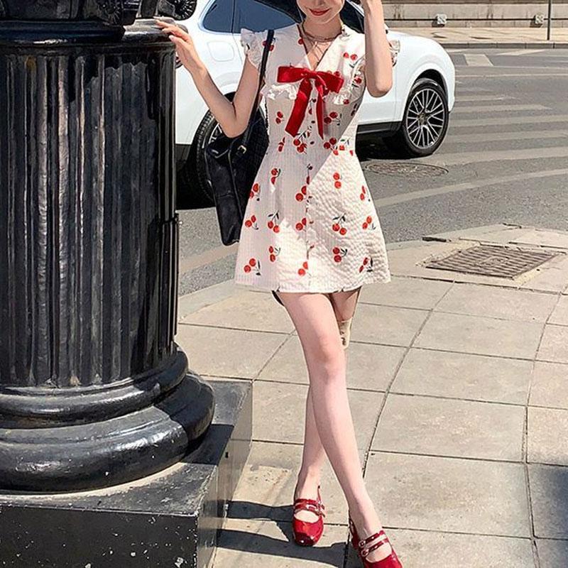 Cherry Sweet Bow V-Neck Dresses Stylish Folds Patchwork Sleeveless Female Clothing Korean Slim Summer A-Line Waist Mini Dress