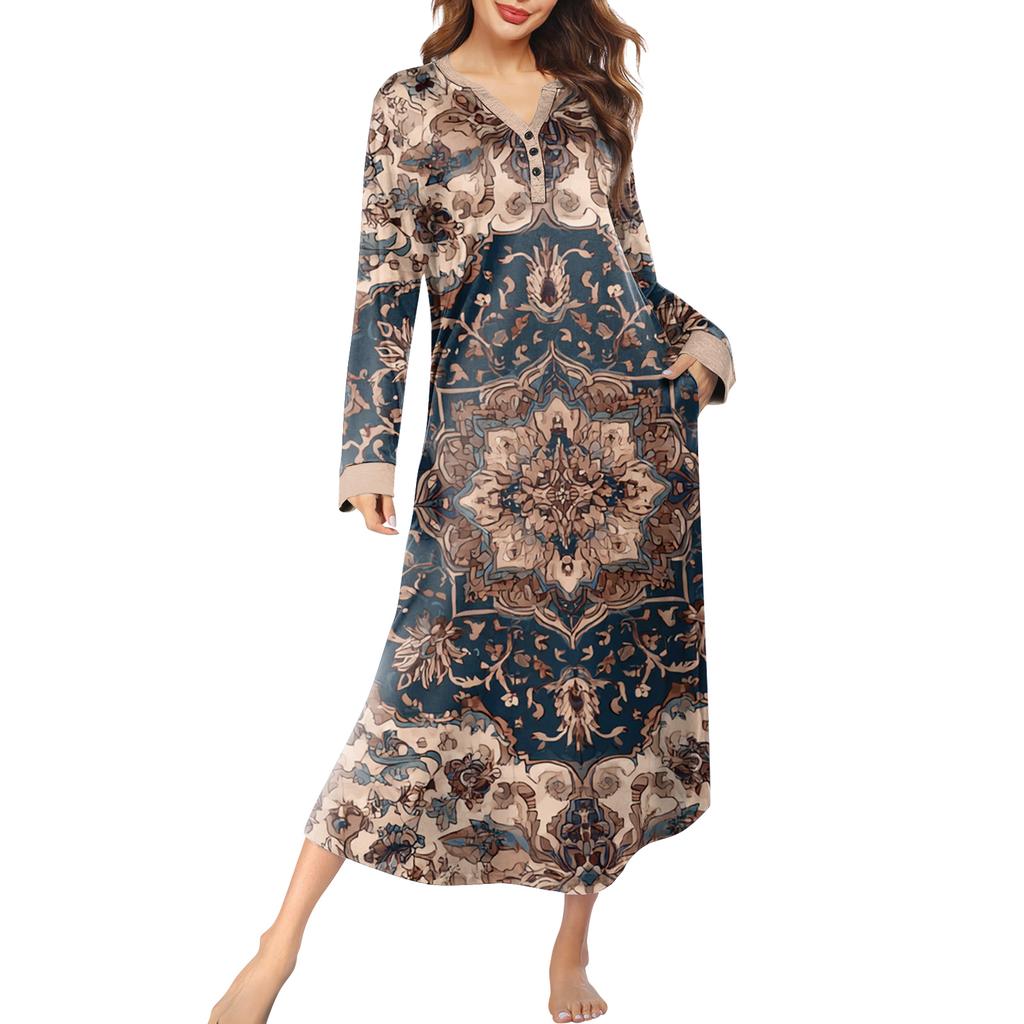 Women's Nightgown Long Loungewear V-neck Nightdress With Pockets