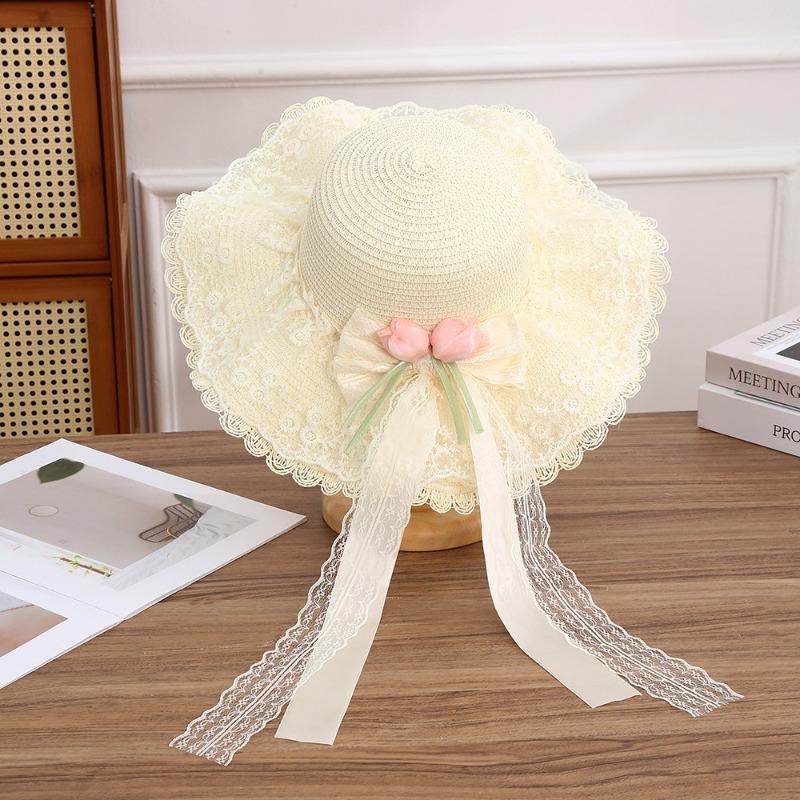 Summer Bow Sun Hat Female, Seaside Beach Vacation Sun Hat Outdoor Big Brim Sun Hat Sweet Straw Hat
