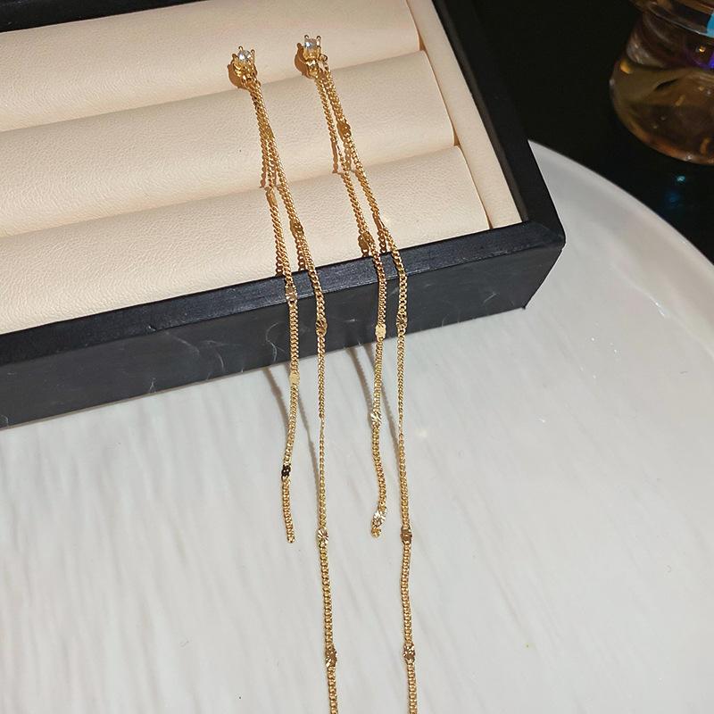 Zircon long fringed earrings temperament stud earrings women's niche personality design earrings light luxury