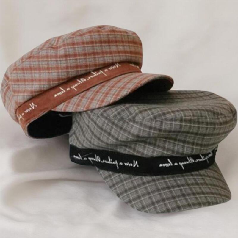 Women's Check Sailor's Cap Autumn Embroidered Color Block Hat