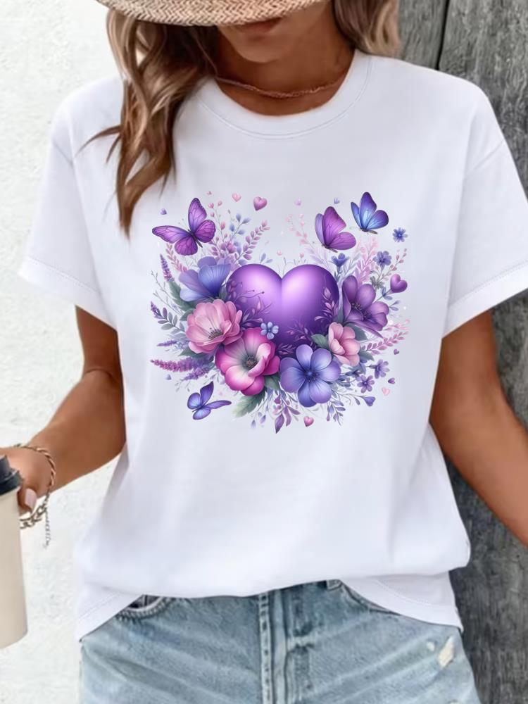 (Asian Size) Clothing T Shirt Print flower sweet Female Woman Women Fashion Tee Top Short Sleeve Graphic T-shirts