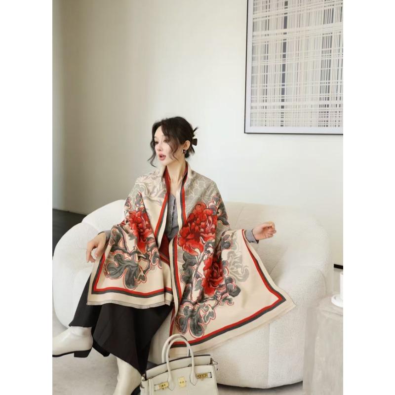 Elegant White Rose Print Thick Faux Cashmere Versatile Scarf For Women