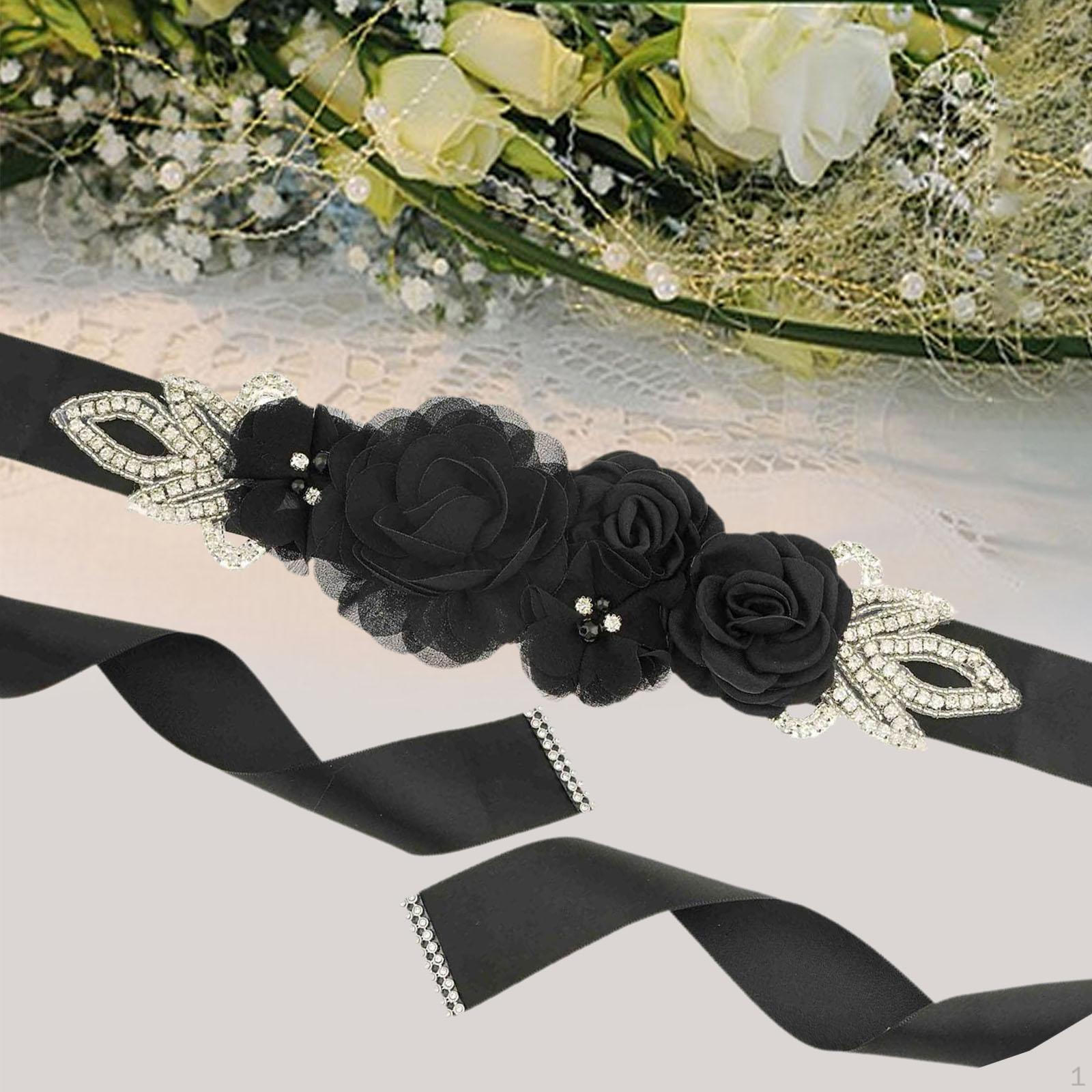 

Bridal Wedding Belt Sash Accessories Evening Gown with Flower for Festive чорний