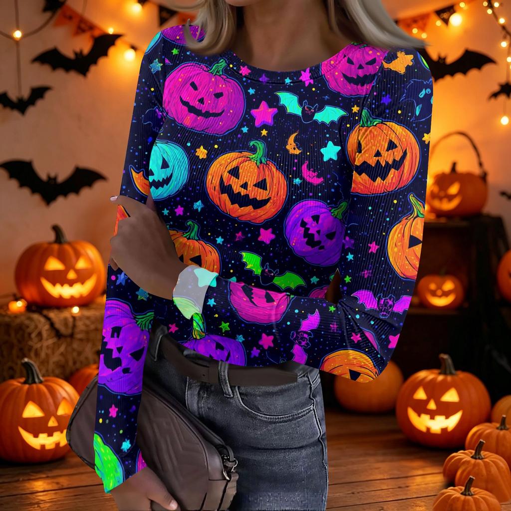 Women's Casual Long Sleeve Ribbed Top Crew Neck Halloween Print Slim Fit Stretchy Lightweight Shirt for Everyday Wear