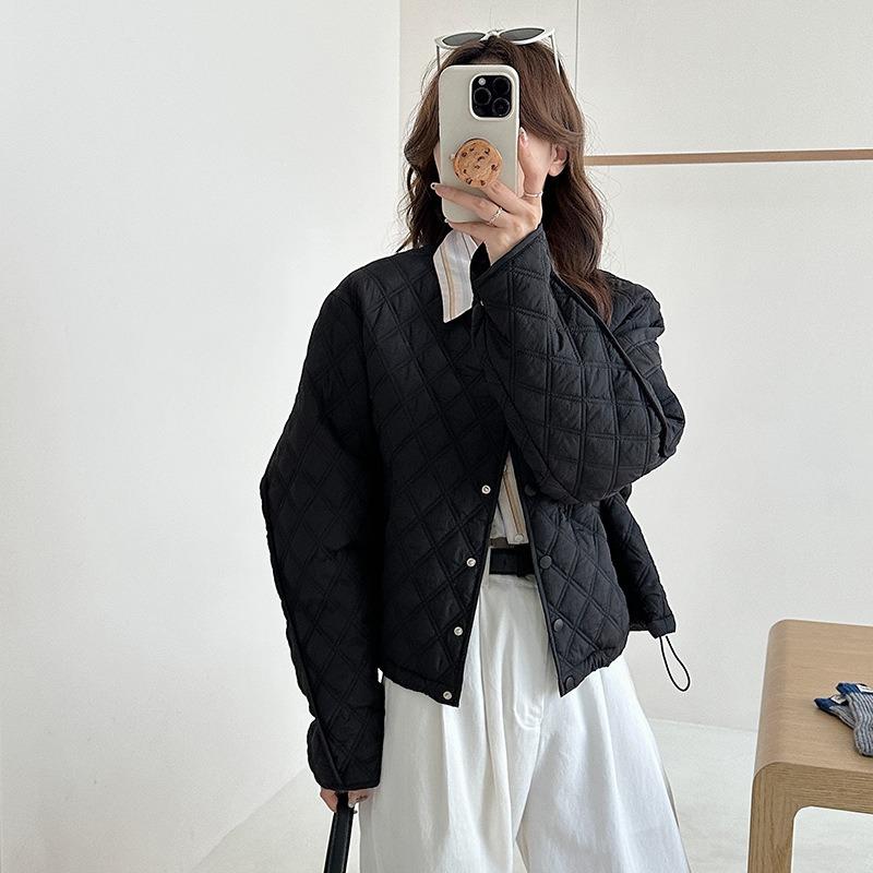 Autumn and winter women's light cotton-padded jacket, short round neck rhombus thermal cotton-padded jacket