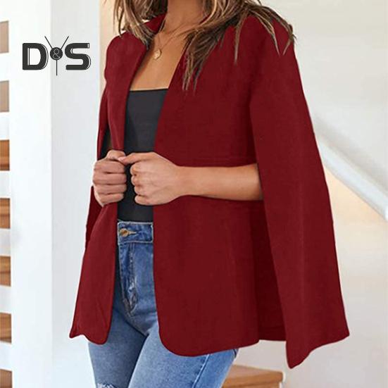Spring Autumn Women Collarless Split Sleeve Design Cloak Suit Coat Office Lady Solid Color Open Front Casual Loose Outerwear Tops