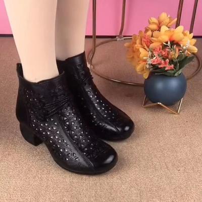 2025 Summer New Hollow Short Boots Thick Heel Cool Boots Soft Sole Retro Casual Middle-aged Dancing Lightweight Middle Heel Net Boots