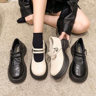 Heightened Platform Mary Jane Shoes Women's Shoes New One-word Butterfly Buckle Single Shoes Black Non-slip Muffin Small Leather Shoes