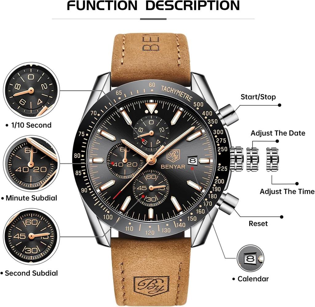 BY BENYAR Chronograph Analog 30M Wasserdicht Lederarmband Quarz Geschenk für Erhältlich in und Schwarz Herrenuhr, Widerstandsfähig, Schlicht, Stilvoll, Beliebt, Formell,