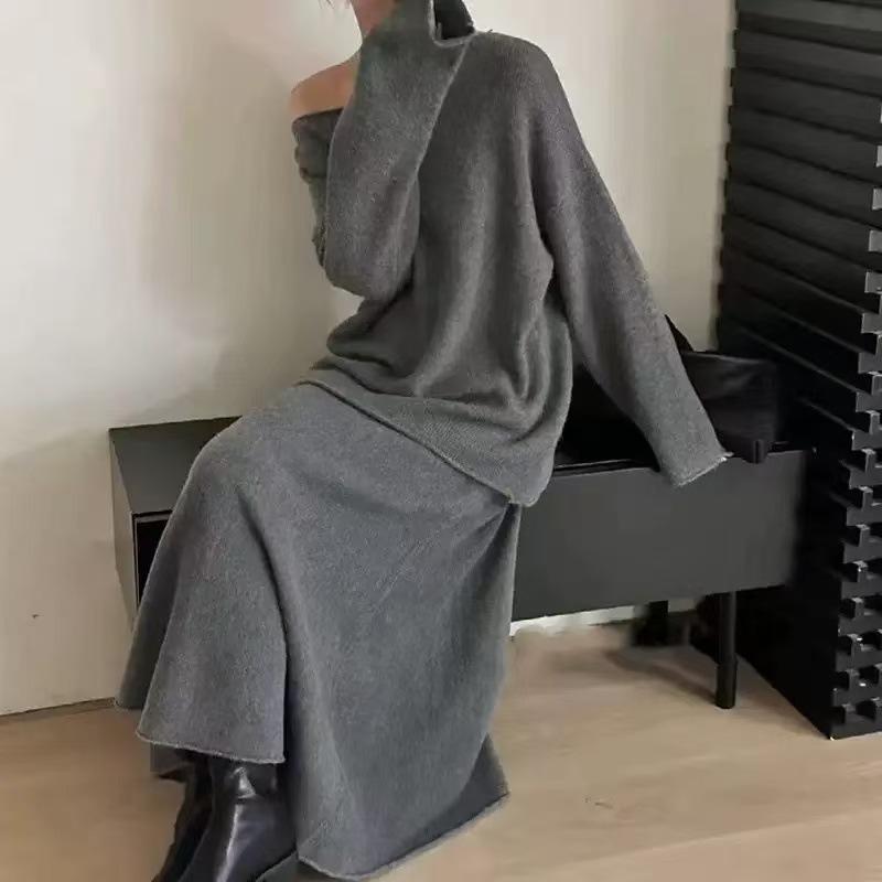 European and American Cross-border New Solid Color One-word Collar Loose Lazy Style Pullover Knitted Half-body Pleated Skirt Two-piece Set
