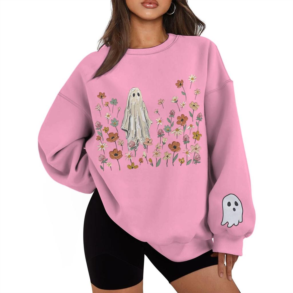 Vintage Halloween Floral Ghost Print Sweatshirt Women Men Crew Neck Long Sleeve Casual Pullover Halloween Sweatshirts Gifts
