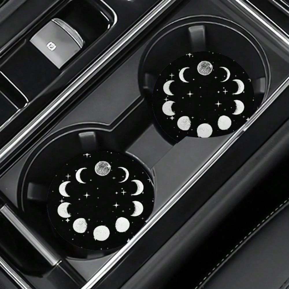 Sky Moon Star Car Coasters, Black And White Round Shape Table Cup Coaster, Non-Slip Washable Coaster, Unique Gift
