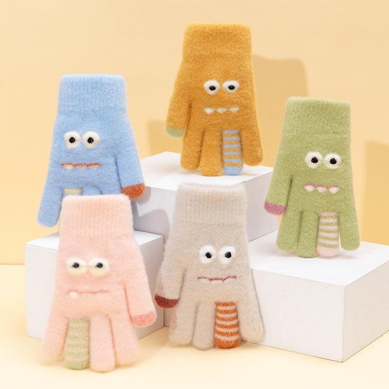 Winter Knitted Gloves Cartoon Stripe Elastic Five-finger Gloves Fashion Thickend Kids Gloves Boys And Girls