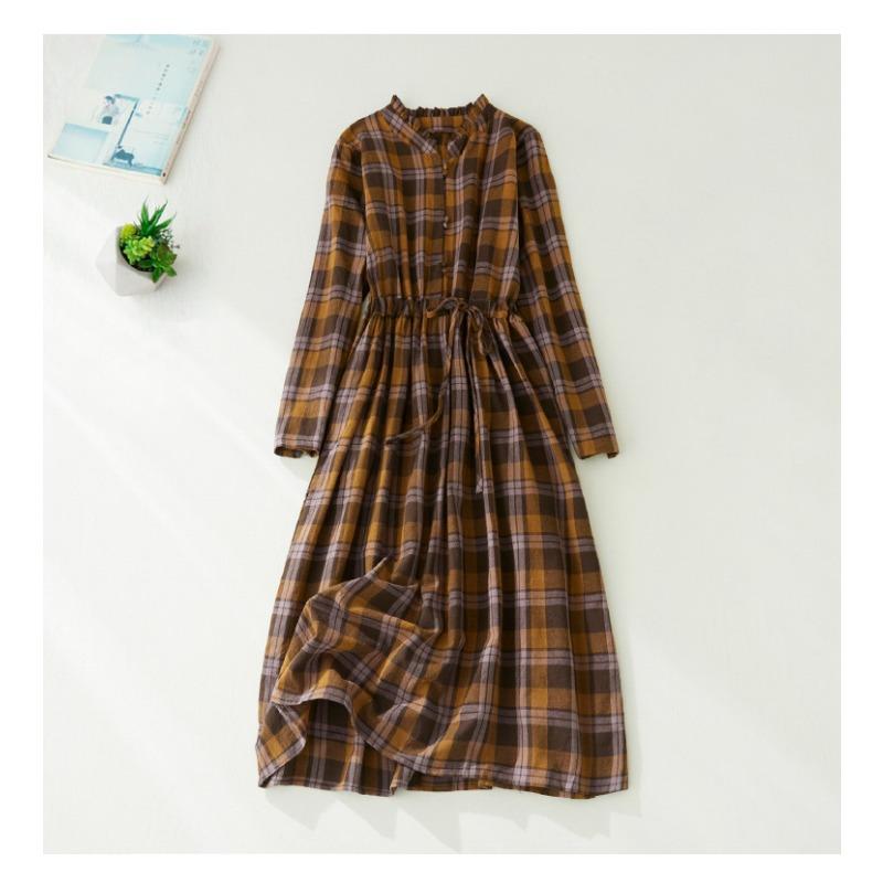 Herbst Plus Retro Taillenbetonendes Schlankmachendes Schnürkleid in Midi-Länge mit Karomuster für Damen Freizeitkleider